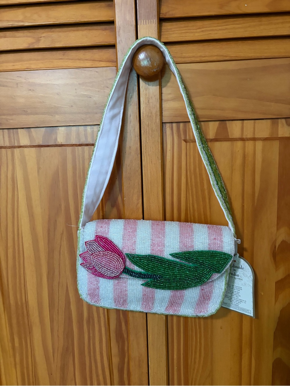 Handmade Beaded Pink Stripe Shoulder Bag with Tulip Applique